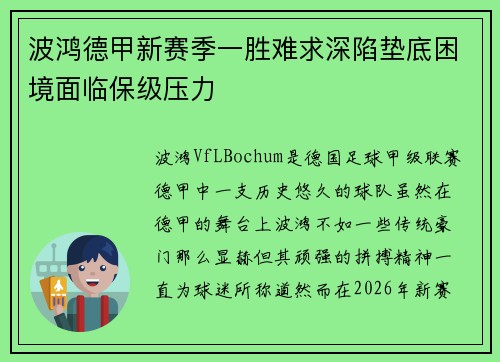 波鸿德甲新赛季一胜难求深陷垫底困境面临保级压力