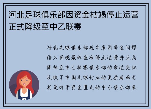 河北足球俱乐部因资金枯竭停止运营正式降级至中乙联赛